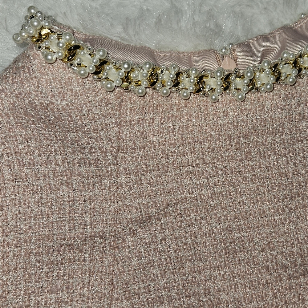 Lefung Pink Tweed Pearl Trim Details Mini Dress High Neck Short Sleeve - Size L - Picture 6 of 7